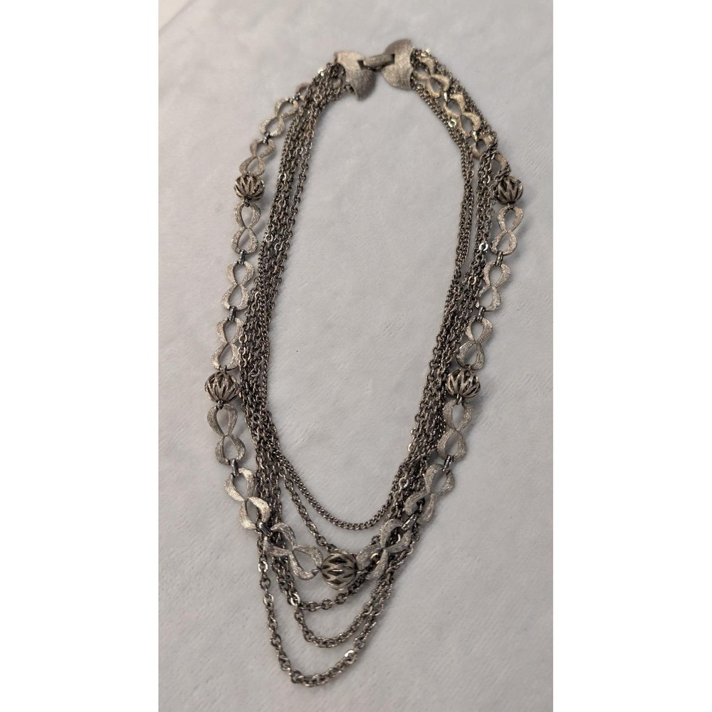 Vintage Multi Strand Silver Tone Chain Necklace Infinity Link Cage Bead 20 Inch